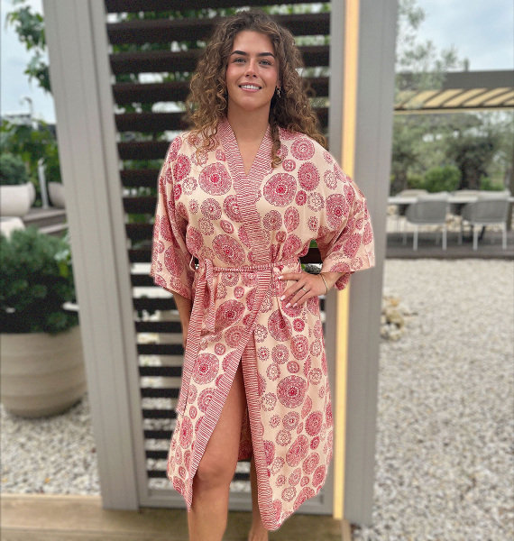 Peignoir kimono femme long Balyy Batik Aztec Red